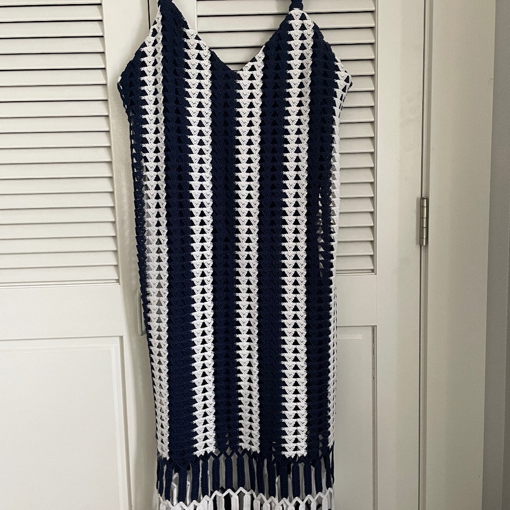 Zara navy striped crochet midi dress with fringe hem